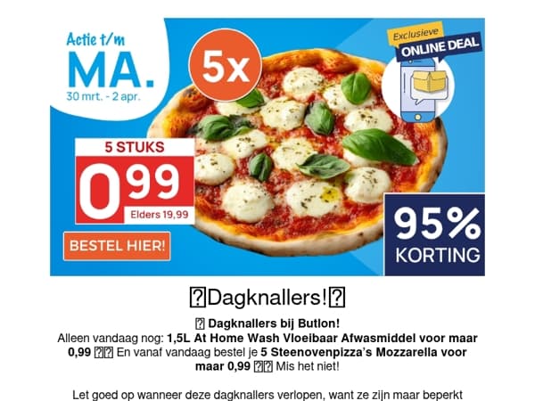 5 Pizza's Mozzarella voor 0,99!🍕