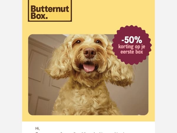 Ontvang 50% korting op de box voor je honden.