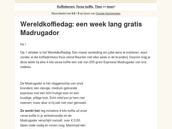 Wereldkoffiedag: gratis Madrugador bij 4 kilo verse koffie ☕