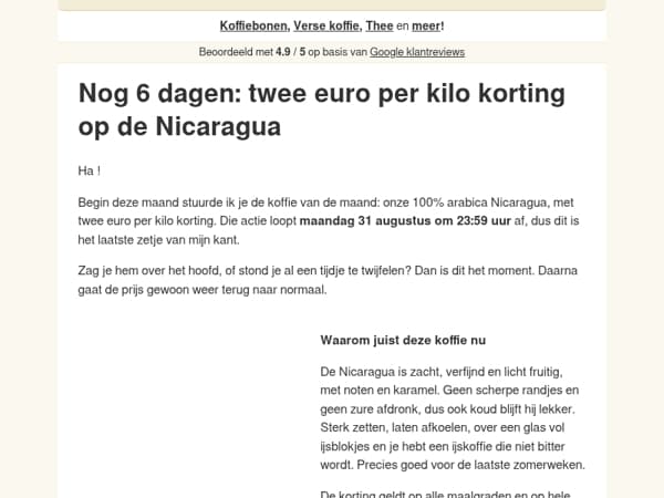 Nog 6 dagen twee euro per kilo korting op de Nicaragua ☕