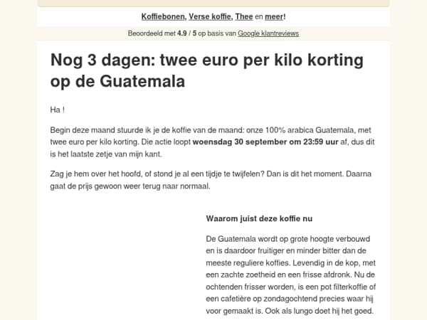 Nog 3 dagen twee euro per kilo korting op de Guatemala ☕