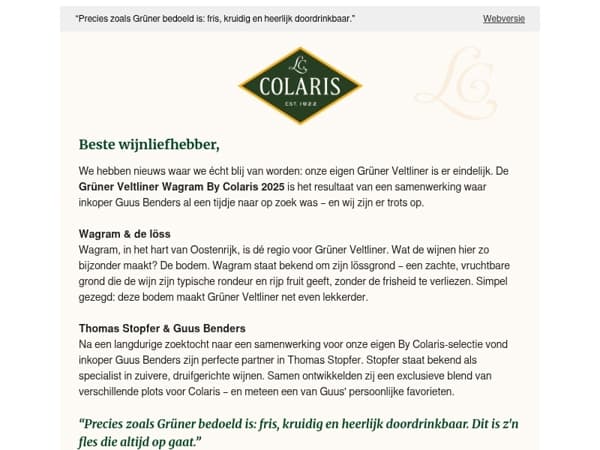 Ontdek de nieuwste Grüner Veltliner Wagram By Colaris 2025