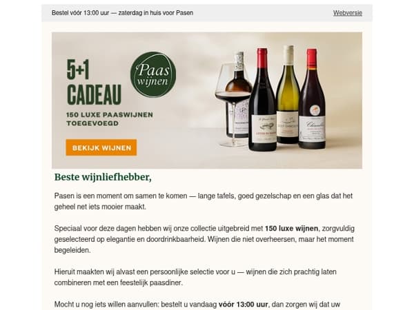 Bestel vóór 13:00 uur — zaterdag in huis voor Pasen