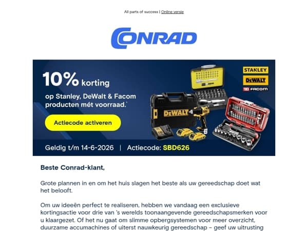 Tijdelijke actie: 10% korting op Stanley, DeWalt & Facom.