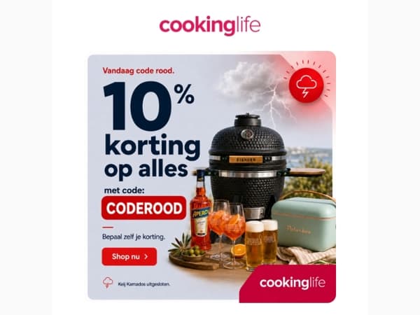 Code Rood vandaag! 10% korting op alles bij Cookinglife