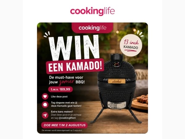 Happy Hour bij Cookinglife - Win een Kamado BBQ t.w.v. €189,99