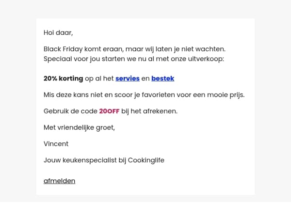 20% korting op servies & bestek