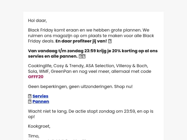 We ruimen op: 20% korting op al het servies en alle pannen! 🔥