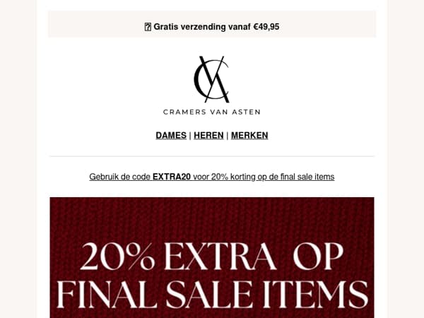 EXTRA20 is VERLENGT! 20% EXTRA KORTING OP SALE ITEMS