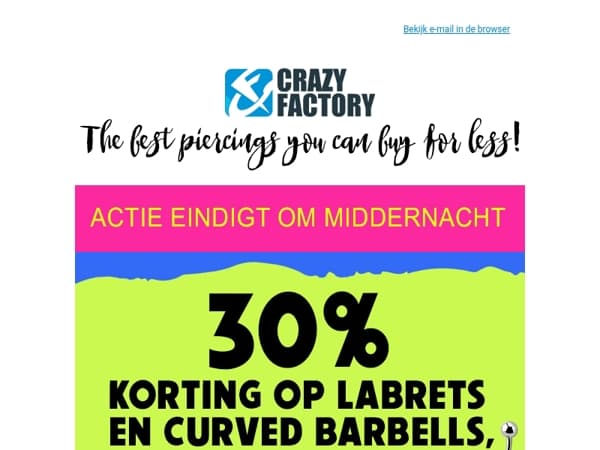🔔 Laatste herinnering: 30% korting op labrets en curved barbells eindigt vanavond, 