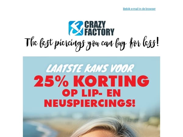📢 Deze 25% piercing-aanbieding vervalt om middernacht, 