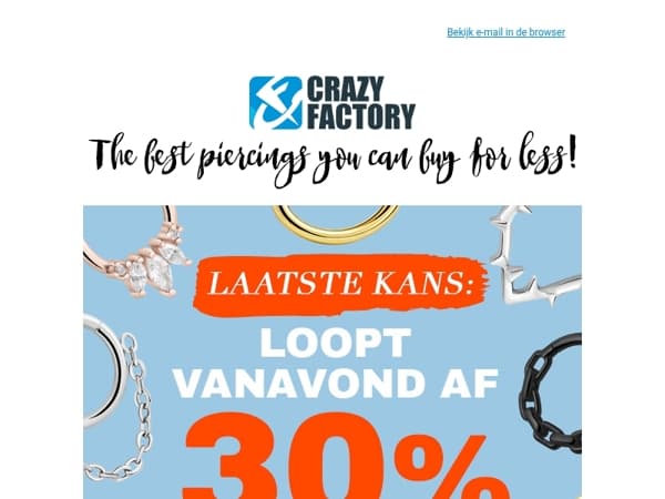⏰ Laatste dag: 30% korting op alle piercingringen, 