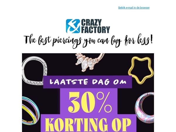 ⏰ 30% korting op piercingringen loopt vanavond af – laatste dag, !