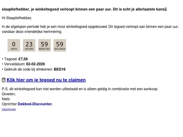 Slaapliefhebber, je shoptegoed verloopt!!