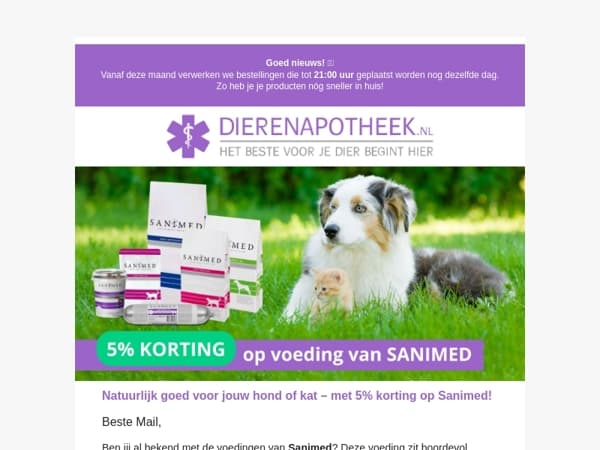 Mail, ontvang 5% korting op Sanimed voeding – natuurlijk goed voor jouw dier!