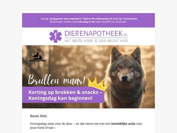 👑 Brul van de koning: 15% korting op brokken & 20% op snacks!
