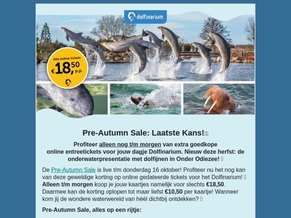 🐬 Laatste kans: Alle online kaartjes €18,50!