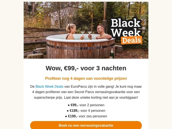 ⏳ Nog 4 dagen: €99,- voor 3 nachten
