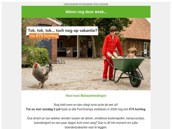 Kakelverse reminder: €75 korting op een boerderijvakantie 🐔