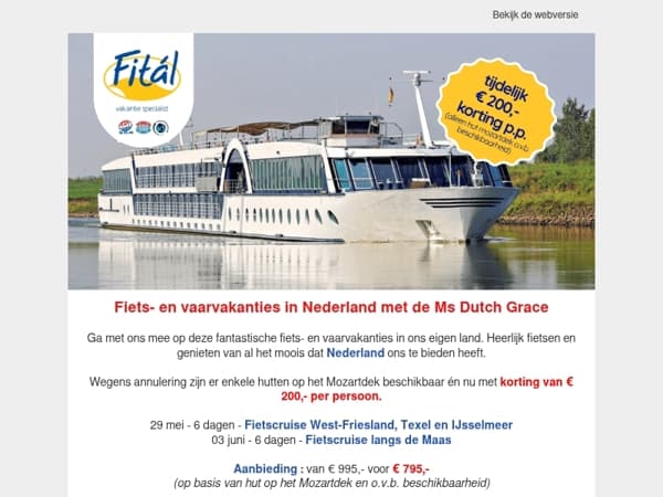 Webknaller Fietscruise Nederland : € 200,- korting pp 