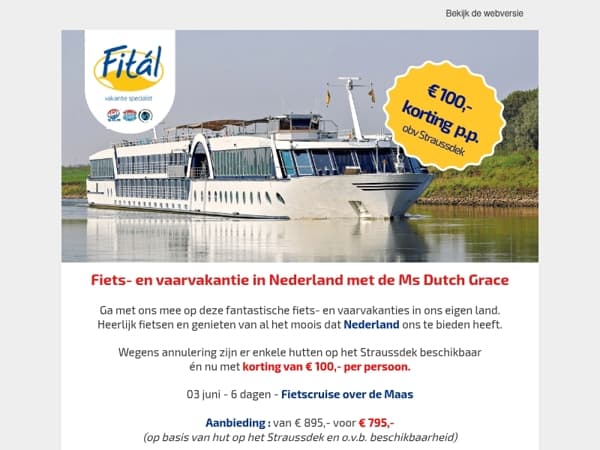 Fietscruise Nederland : € 100,- korting pp 
