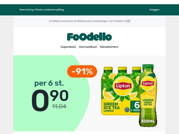 6 flessen Lipton Green Ice Tea €0,90!
