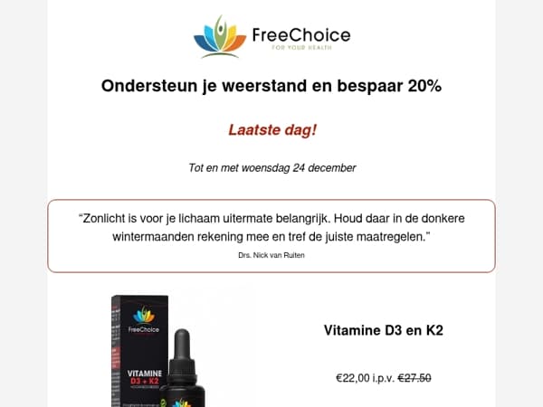 Laatste dag: 20% korting op onze vitamine D producten