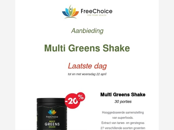🥬 LAATSTE DAG: 20% korting op de Multi Greens Shake