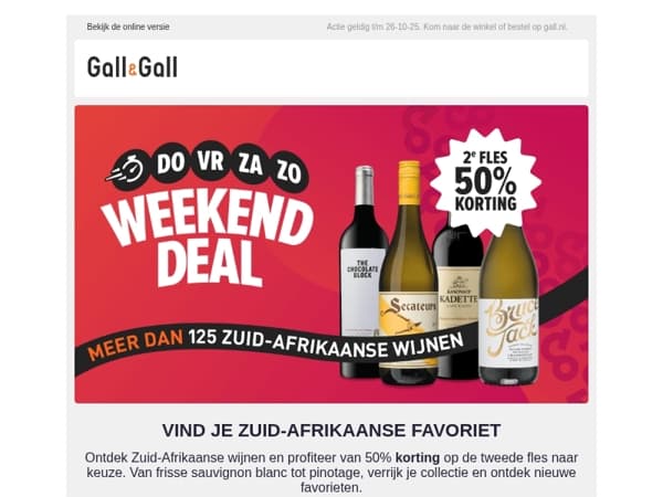50% weekenddeal korting op de 2e fles Zuid-Afrikaanse wijn