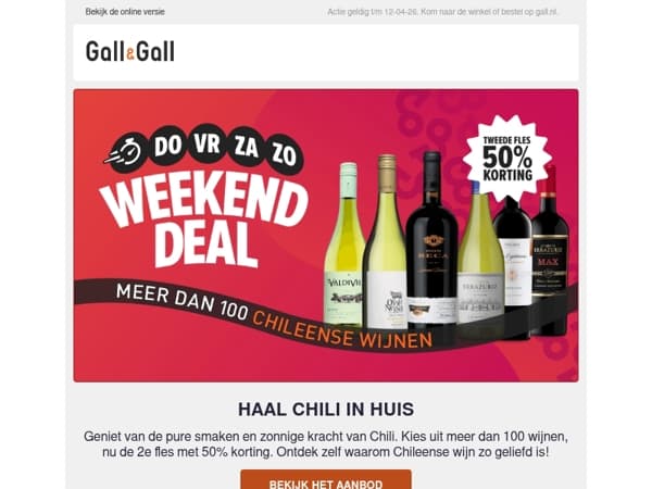 Chileense weekenddeal: 2e fles 50% korting