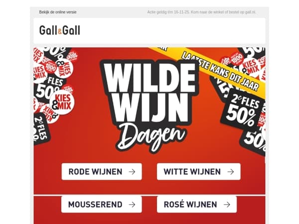 Rood, Wit, Rosé en Mousserend 2e Fles 50% korting!