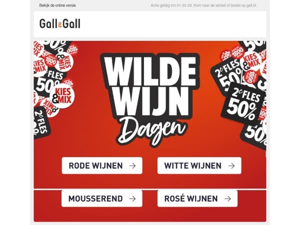 Rood, Wit, Rosé en Mousserend 2e Fles 50% korting!