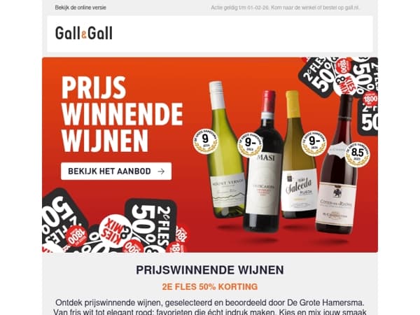 Prijswinnende wijnen, 2e fles 50% korting