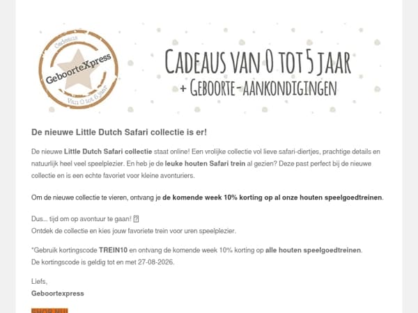 NIEUW: Safari collectie van Little Dutch. 10% korting op alle speelgoedtreinen