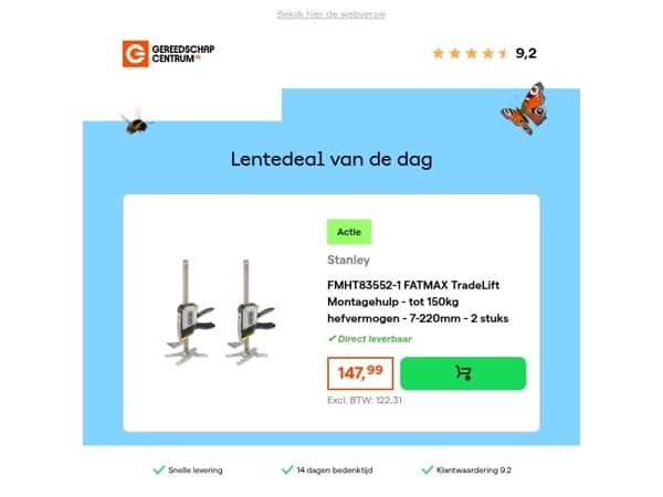 Lentedeal van de dag: Stanley FMHT83552-1 FATMAX TradeLift Montagehulp - tot 150kg hefvermogen - 7-220mm - 2 stuks