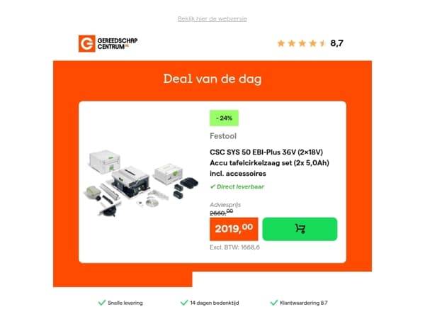 Deal van de dag: - 24% op Festool CSC SYS 50 EBI-Plus 36V (2x18V) Accu tafelcirkelzaag set (2x 5,0Ah) incl. accessoires