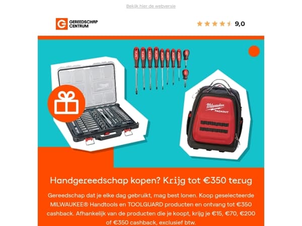 Tot €350 cashback op Milwaukee handgereedschap
