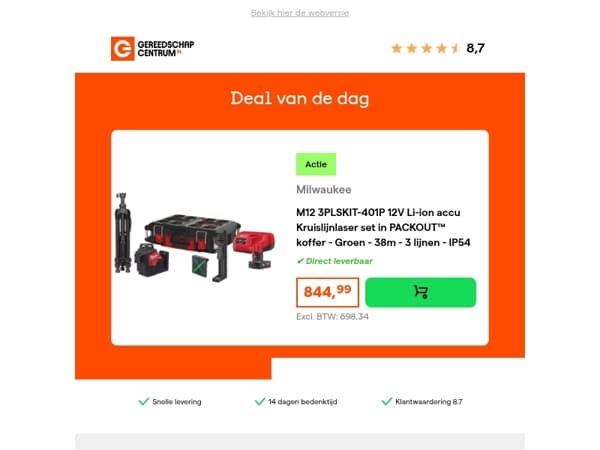 Deal van de dag: Milwaukee M12 3PLSKIT-401P 12V Li-ion accu Kruislijnlaser set in PACKOUT™ koffer - Groen - 38m - 3 lijnen - IP54