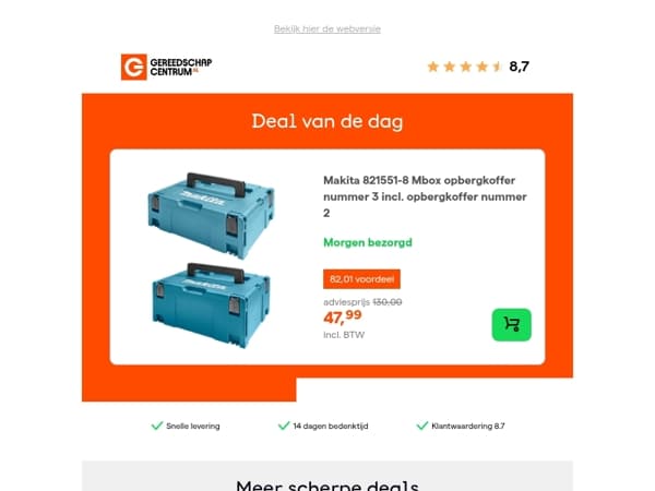 Deal van de dag: - 63% op Makita 821551-8 Mbox opbergkoffer nummer 3 incl. opbergkoffer nummer 2
