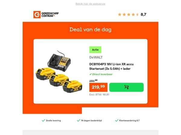 Deal van de dag: DeWALT DCB1104P3 18V Li-ion XR accu Starterset (3x 5.0Ah) + lader