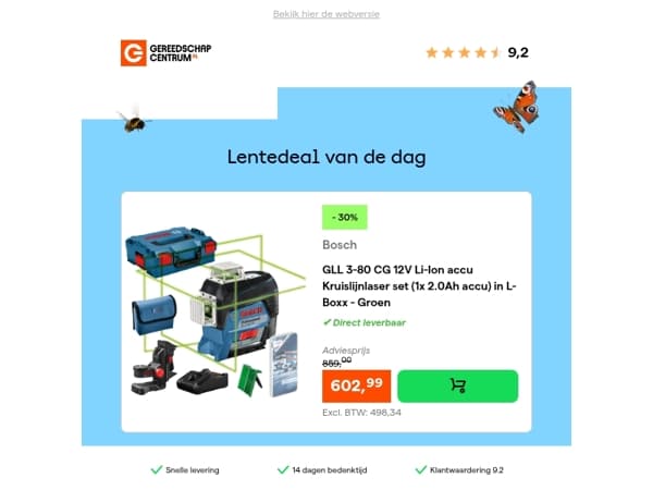 Lentedeal van de dag: - 30% op Bosch GLL 3-80 CG 12V Li-Ion accu Kruislijnlaser set (1x 2.0Ah accu) in L-Boxx - Groen