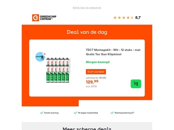 Deal van de dag: - 28% op TEC7 Montagekit - Wit - 12 stuks - met Gratis Tec Gun Kitpistool