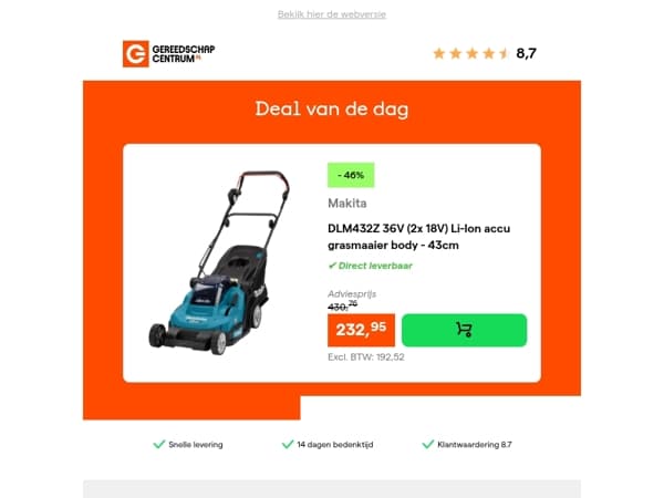 Deal van de dag: - 46% op Makita DLM432Z 36V (2x 18V) Li-Ion accu grasmaaier body - 43cm