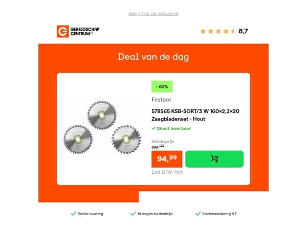 Deal van de dag: - 62% op Festool 578565 KSB-SORT/3 W 160x2,2x20 Zaagbladenset - Hout