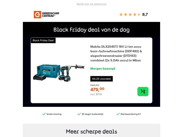 Black Friday Deal van de dag: - 12% op Makita DLX2545TJ 18V Li-ion accu boor-/schroefmachine (DDF492) & slagschroevendraaier (DTD153) combiset (2x 5.0Ah accu) in Mbox