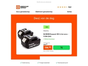 Deal van de dag: - 39% op Makita BL1850B Duopack 18V Li-Ion accu - 5.0Ah (2st)