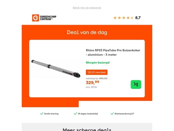 Deal van de dag: - 27% op Rhino RP23 PipeTube Pro Buizenkoker - aluminium - 3 meter