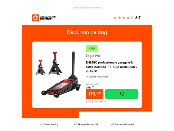 Deal van de dag: - 24% op Eagle Pro E-1525C professionele garagekrik extra laag 2.5T + E-1903 Assteunen 2 stuks 3T