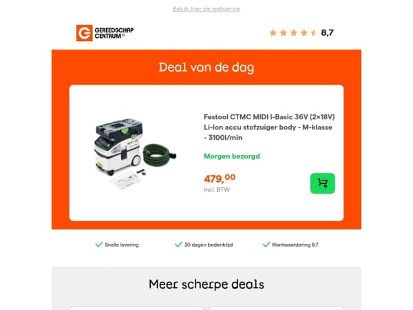 Deal van de dag: Festool CTMC MIDI I-Basic 36V (2x18V) Li-Ion accu stofzuiger body - M-klasse - 3100l/min