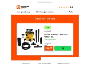 Deal van de dag: - 35% op DeWALT DXV20P Stofzuiger - Nat/Droog - 1050W - 20L